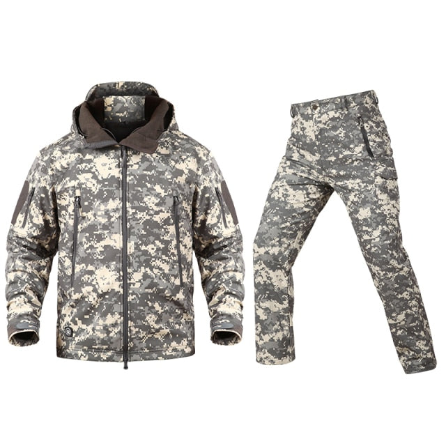 Camouflage Tactical Pants + Jacket Water Resistant Softshell Fleece Lined