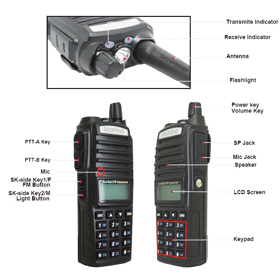 8W Portable Baofeng UV-82 Two-Way VHF UHF Transmitter/Receiver Radio Walkie Talkie