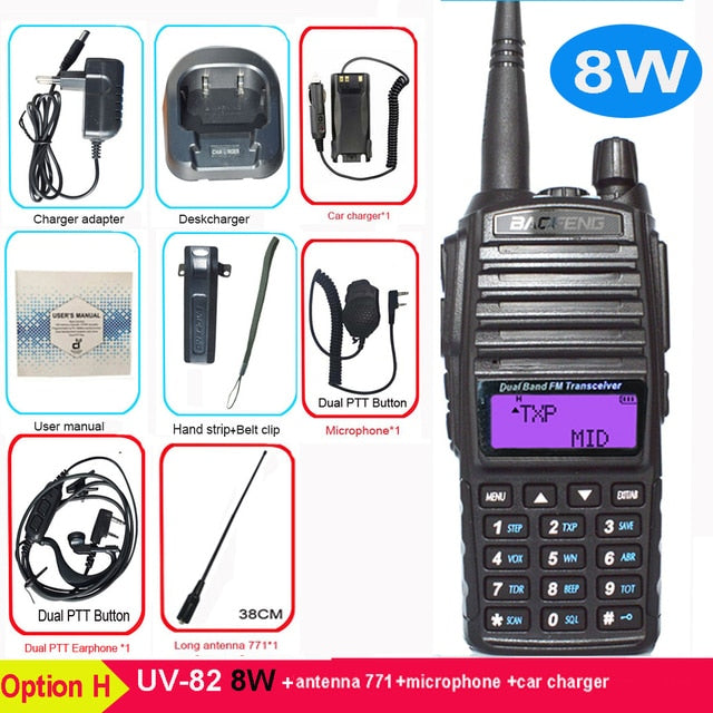 8W Portable Baofeng UV-82 Two-Way VHF UHF Transmitter/Receiver Radio Walkie Talkie